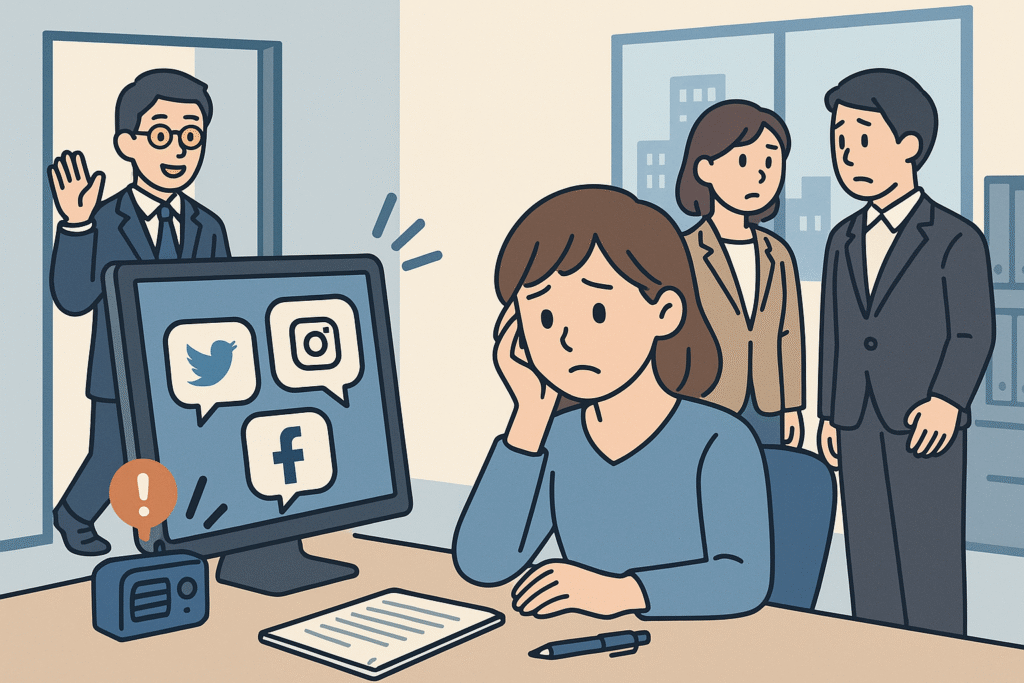 SNS担当者の退職に悩む中小企業の経営者とチームを描いたイラスト。 担当者が辞めても止まらないSNS発信の仕組みづくりをイメージ。