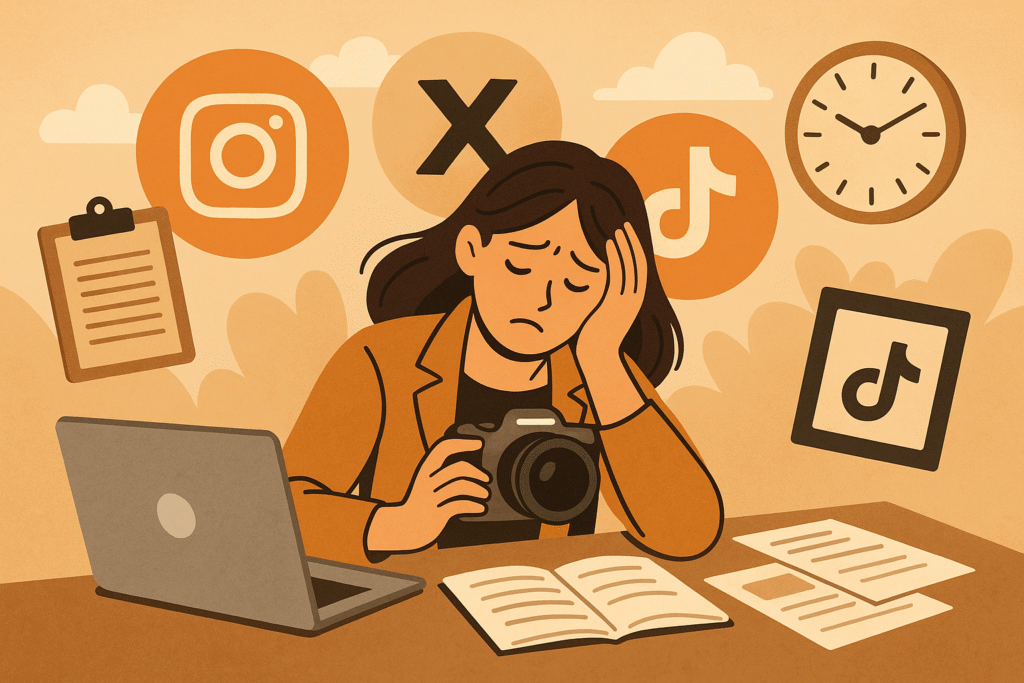 SNS投稿に必要な撮影や編集に悩む担当者を描いたイラスト。 投稿代行を活用して情報発信を止めない選択をイメージ。