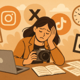 SNS投稿に必要な撮影や編集に悩む担当者を描いたイラスト。 投稿代行を活用して情報発信を止めない選択をイメージ。