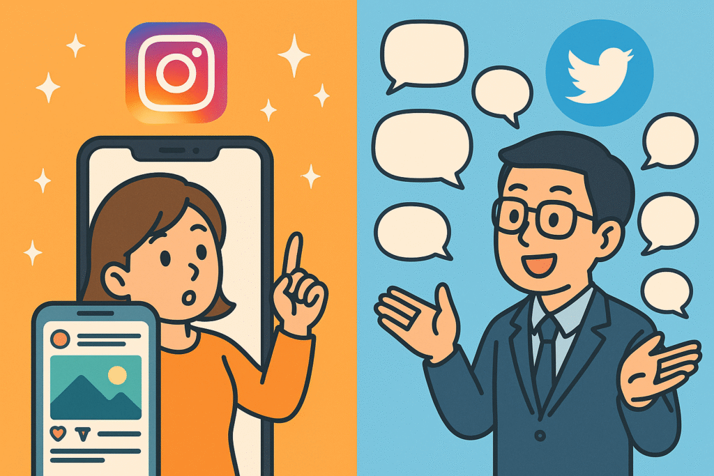 InstagramとX（旧Twitter）の投稿内容や反応の違いを比較し、SNSの成果を分析するイラスト
