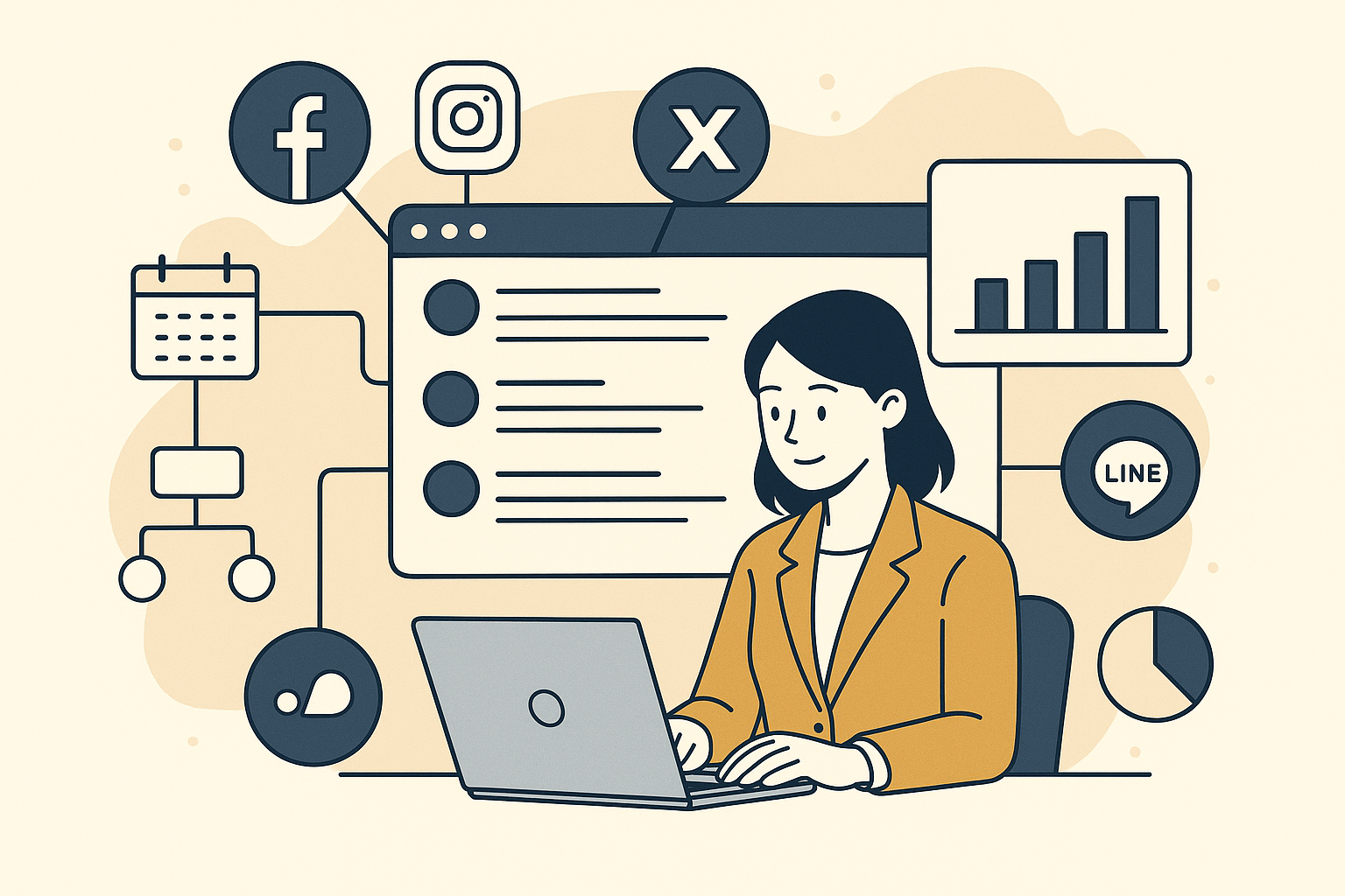 中小企業のSNS運用を支援する担当者が、投稿管理ツールを使って各SNSの投稿を計画・分析している様子を描いたイラスト。Twitter、Instagram、Facebook、LINEなどのアイコンが浮かび、効率的な情報発信を象徴している。