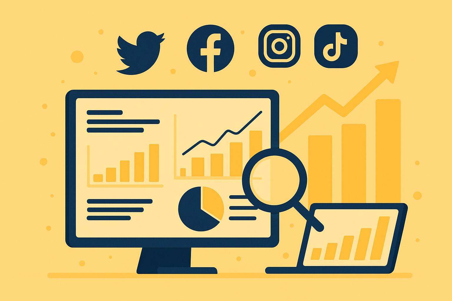 SNS投稿の効果をデータで分析する担当者を描いたイラスト。 SNSの成果を見える化する分析指標をイメージ。