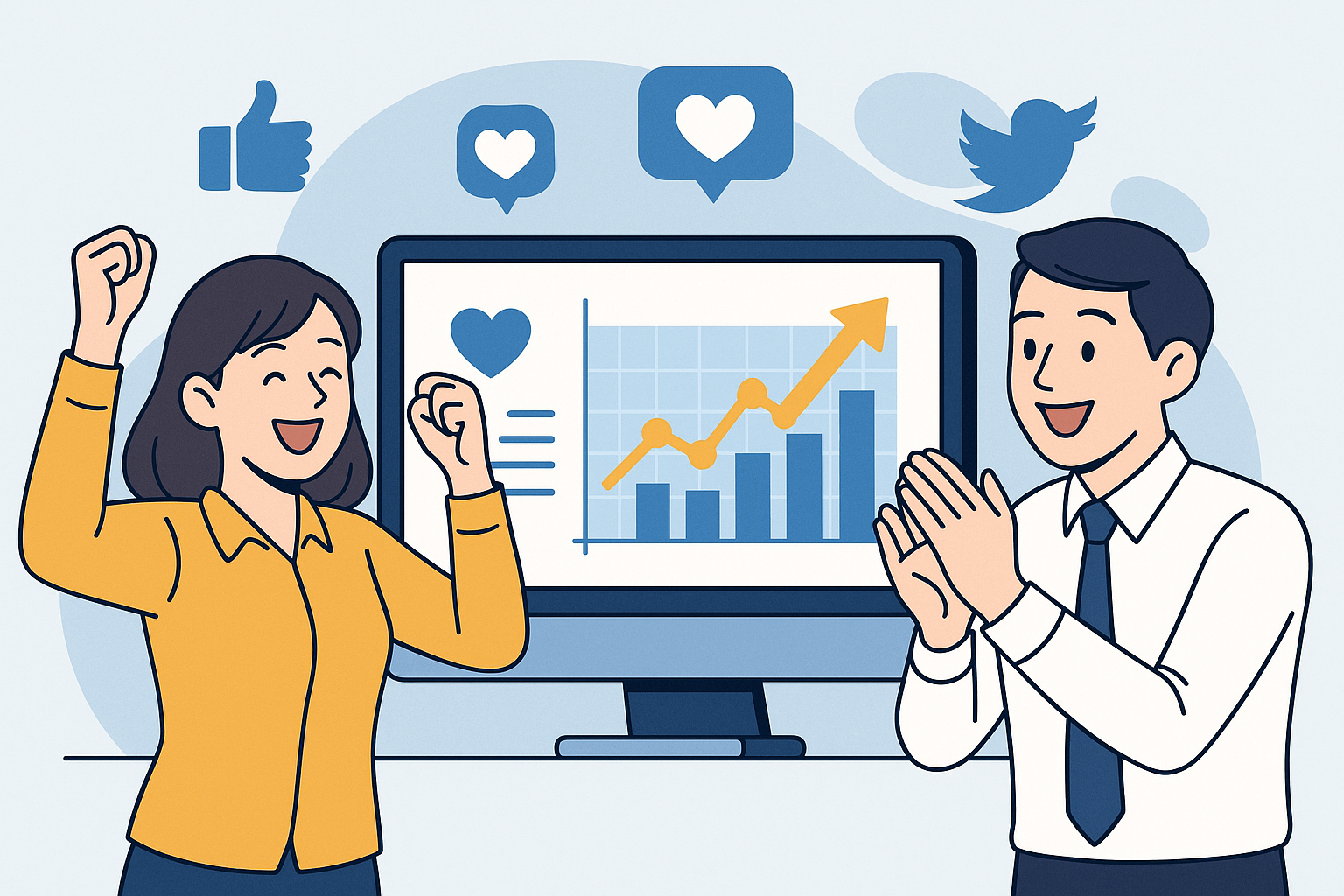 SNS運用で悩む中小企業の担当者と、その課題を解決するチームを描いたイラスト。 SNS運用の失敗要因と改善策をイメージ。