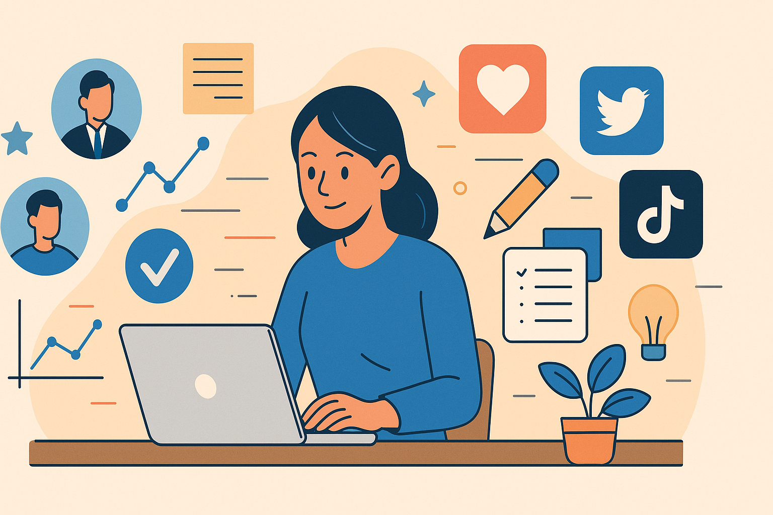 SNS投稿代行サービスを比較検討する企業担当者を描いたイラスト。 SNS運用代行の選び方や判断基準をイメージ。