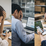 複数のデジタルチャネル(SNS、Webサイト、LINE)を同時に見ながら統一された顧客体験を設計するマーケティング担当者が戦略を議論しているビジネス風景