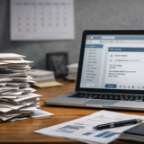 名刺・問い合わせ履歴・資料請求リストなどが机の上や画面に散らばり、再接触の導線が設計されていない状態を象徴する写真