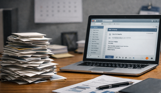 名刺・問い合わせ履歴・資料請求リストなどが机の上や画面に散らばり、再接触の導線が設計されていない状態を象徴する写真